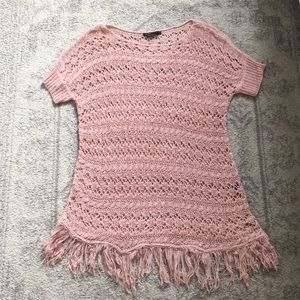 BCBG Maxazria Fringe Cable Knit Sweater in Pink